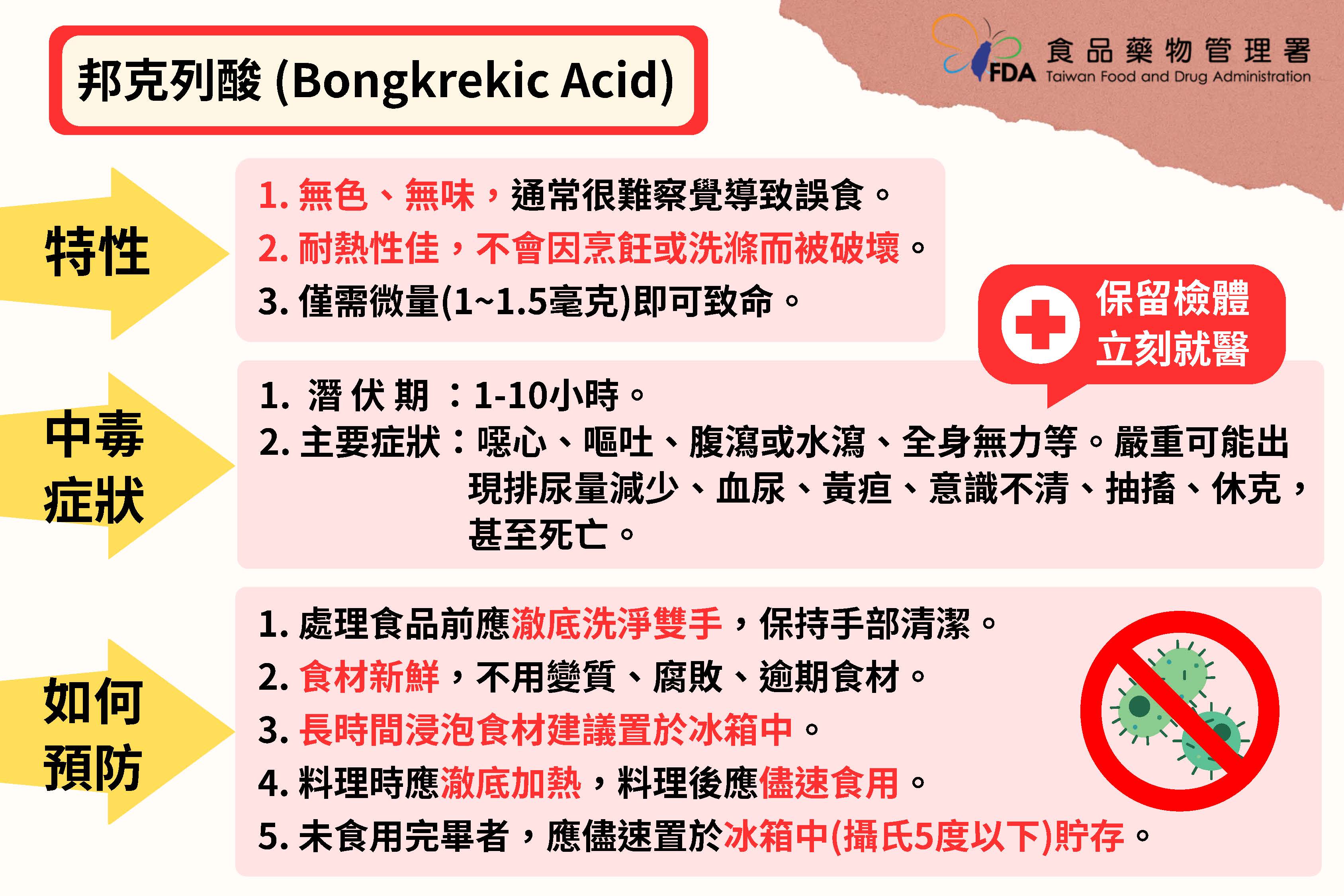 衛保組公告】訊息轉知：食藥署製作「如何預防唐菖蒲伯克氏菌椰毒病原型及邦克列酸」動畫（含中文、英文、泰語、菲律賓語、印尼及越南語版本）