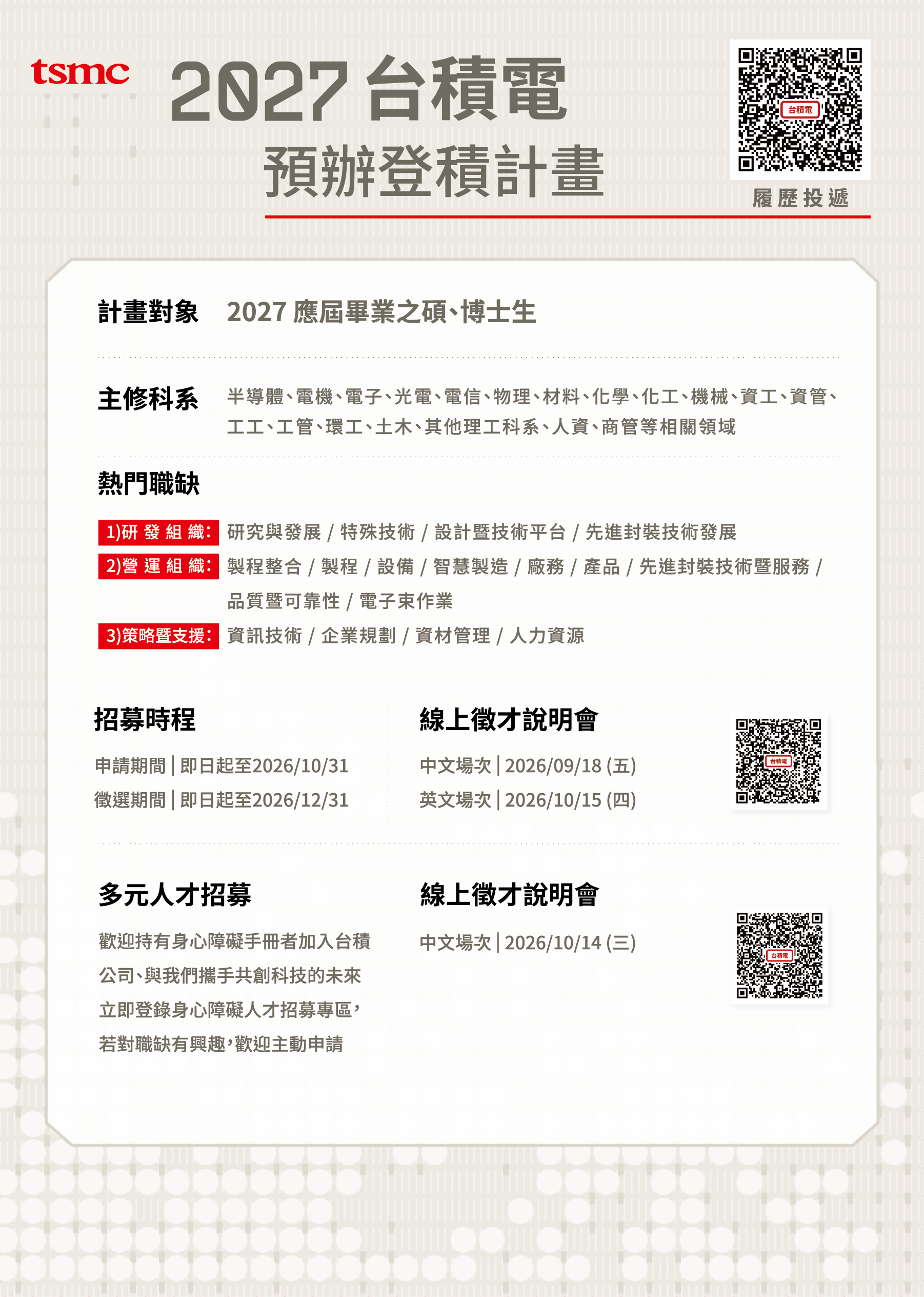tsmc 2026 秋季校園徵才 DM