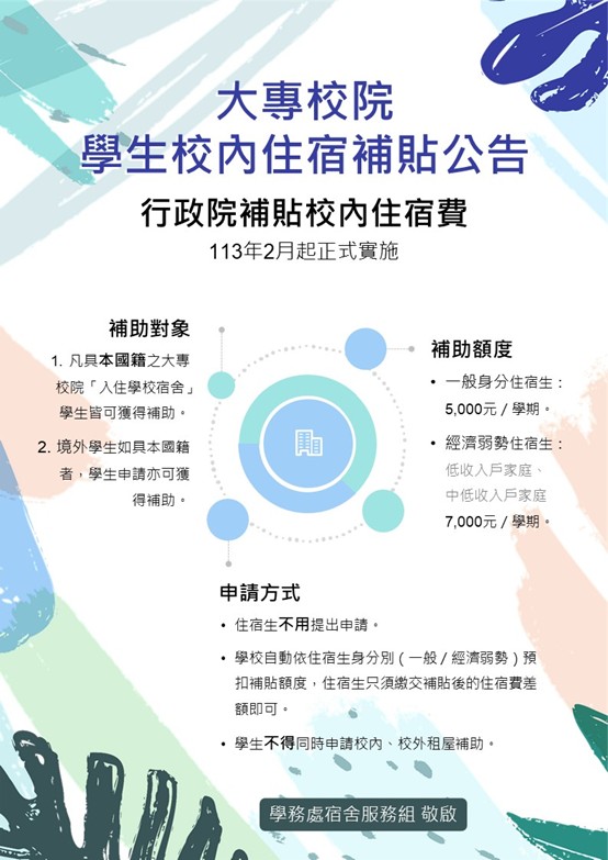 大專校院學生校內住宿補貼公告
